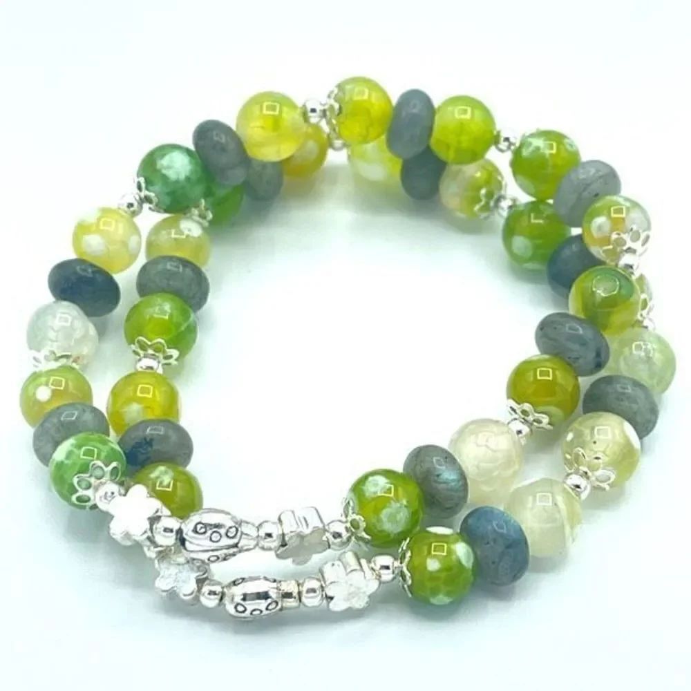 Ladybug labradorite green orca agate beaded stretch bracelet ONE NEW crystal